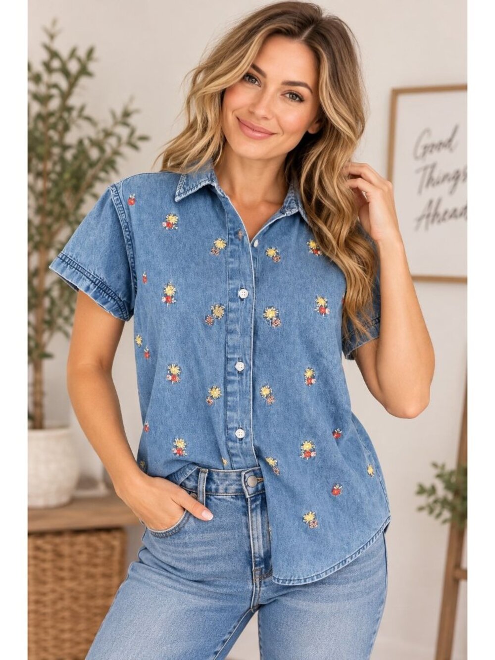 Wrangler light blue denim shirt charming, scattered floral embroidery Size M